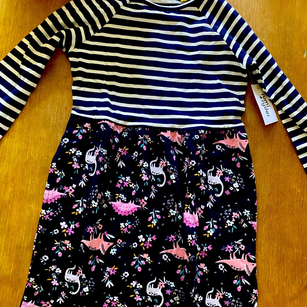 Girls size 5 NWT Floral Dinosaur Print Dress Stripe Navy